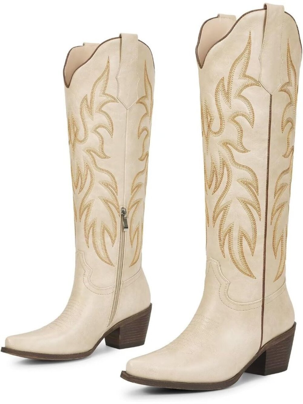 Women B-matte Beige Faux Leather Knee High Cowgirl Chunky Low Pointed Toe Heeled